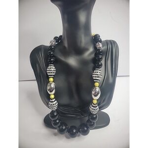 Vintage Graduated Beaded Necklace Black White Yellow Silver Tone Jewelry Costume